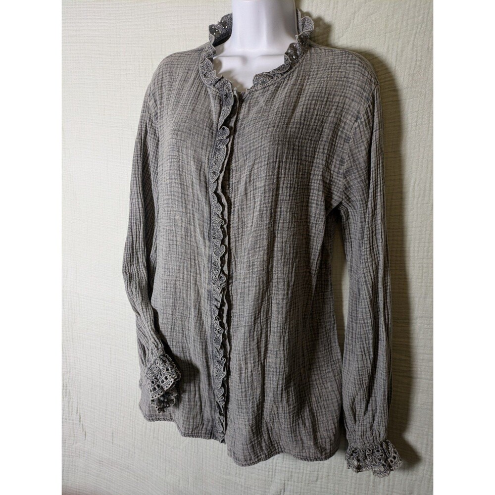 Grey Gauze Waffle Button up Eyelet Lace Ruffle Long Sleeve Women's Shirt Small - Picture 2 of 11